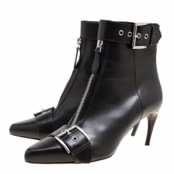 Pre Owned Alexander McQueen Black Leather Double Buckle Pointed Toe Ankle Boots Size 36.5