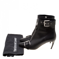 Pre Owned Alexander McQueen Black Leather Double Buckle Pointed Toe Ankle Boots Size 36.5
