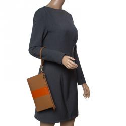 Pre Owned حقيبة حمالة معصم مايكل كورس دنيلا مخطط منتصف كبير جلد برتقالية/ بنية فاتحة