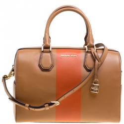 Pre Owned Michael Kors Tan/Orange Leather Medium Center Stripe Mercer Duffle Bag