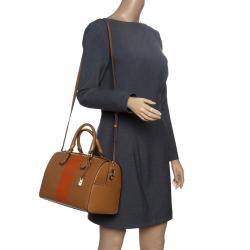 Pre Owned Michael Kors Tan/Orange Leather Medium Center Stripe Mercer Duffle Bag