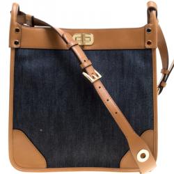 Pre Owned Michael Kors Navy Blue/Tan Denim and Leather large Sullivan North South Messenger Bag