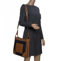 Pre Owned Michael Kors Navy Blue/Tan Denim and Leather large Sullivan North South Messenger Bag