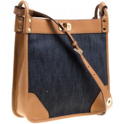 Pre Owned Michael Kors Navy Blue/Tan Denim and Leather large Sullivan North South Messenger Bag