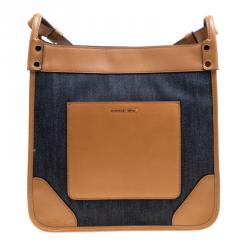 Pre Owned Michael Kors Navy Blue/Tan Denim and Leather large Sullivan North South Messenger Bag