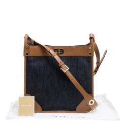 Pre Owned Michael Kors Navy Blue/Tan Denim and Leather large Sullivan North South Messenger Bag