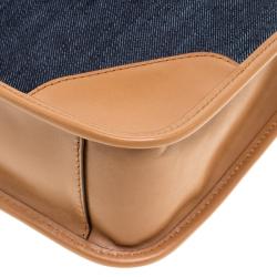 Pre Owned Michael Kors Navy Blue/Tan Denim and Leather large Sullivan North South Messenger Bag