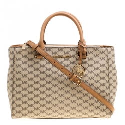 Pre Owned Michael Kors Beige/Brown Signature Coated Canvas Kellen Top Handle Bag