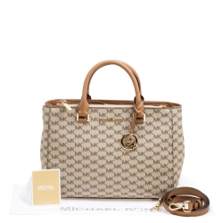 Pre Owned Michael Kors Beige/Brown Signature Coated Canvas Kellen Top Handle Bag