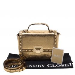 Pre Owned Michael Kors Gold Metallic Snakeskin Embossed Leather Small Tina Trunk Top Handle Bag