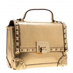 Pre Owned Michael Kors Gold Metallic Snakeskin Embossed Leather Small Tina Trunk Top Handle Bag