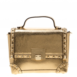 Pre Owned Michael Kors Gold Metallic Snakeskin Embossed Leather Small Tina Trunk Top Handle Bag