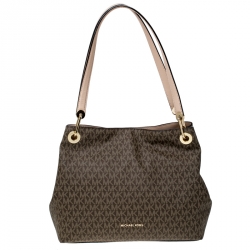 Pre Owned MICHAEL Michael Kors Brown Coated Canvas and Leather Signature Raven Tote 