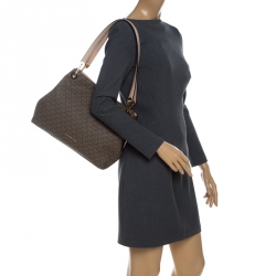 Pre Owned MICHAEL Michael Kors Brown Coated Canvas and Leather Signature Raven Tote 