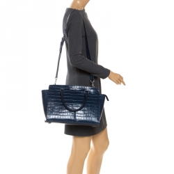 Pre Owned Michael Kors Navy Blue Crocodile Embossed Leather Selma Tote