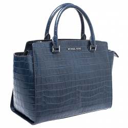 Pre Owned Michael Kors Navy Blue Crocodile Embossed Leather Selma Tote