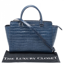 Pre Owned Michael Kors Navy Blue Crocodile Embossed Leather Selma Tote