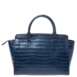 Pre Owned Michael Kors Navy Blue Crocodile Embossed Leather Selma Tote