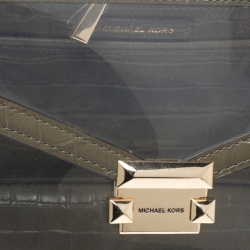 Pre Owned Michael Kors Clear/Olive Green PVC and Croc Embossed Leather Large Whitney Top Handle Bag