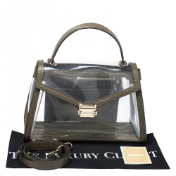 Pre Owned Michael Kors Clear/Olive Green PVC and Croc Embossed Leather Large Whitney Top Handle Bag