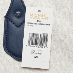 Pre Owned Michael Kors Off White/Blue Signature Coated Canvas and Leather Large Logo Stripe Eva Tote