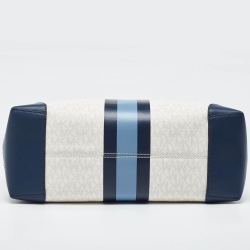 Pre Owned Michael Kors Off White/Blue Signature Coated Canvas and Leather Large Logo Stripe Eva Tote