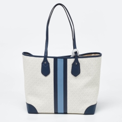 Pre Owned Michael Kors Off White/Blue Signature Coated Canvas and Leather Large Logo Stripe Eva Tote