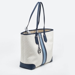 Pre Owned Michael Kors Off White/Blue Signature Coated Canvas and Leather Large Logo Stripe Eva Tote