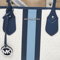 Pre Owned Michael Kors Off White/Blue Signature Coated Canvas and Leather Large Logo Stripe Eva Tote