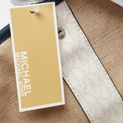 Pre Owned Michael Kors Off White/Blue Signature Coated Canvas and Leather Large Logo Stripe Eva Tote