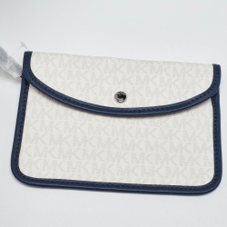 Pre Owned Michael Kors Off White/Blue Signature Coated Canvas and Leather Large Logo Stripe Eva Tote