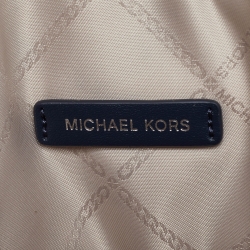 Pre Owned Michael Kors Off White/Blue Signature Coated Canvas and Leather Large Logo Stripe Eva Tote