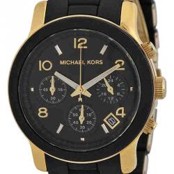 مملوكة مسبقًا Michael Kors Black PVC and Yellow Gold Plated Steel Runway MK5191 Women's Wristwatch 38MM