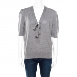 Michael Kors Grey Melange Merino Wool Tie Neck Detail Short Sleeve Sweater L