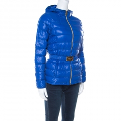 Michael Kors Blue Quilted Waist Belt Detail Hooded Jacket XS 
