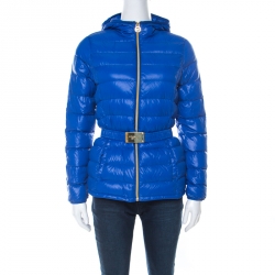 Michael Kors Blue Quilted Waist Belt Detail Hooded Jacket XS 