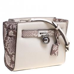 Pre Owned Michael Kors White/Grey Leather and Python Embossed Hamilton Messenger Bag