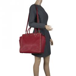 Pre Owned Michael Kors Red Leather Medium Selma Studded Tote