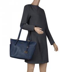 Pre Owned Michael Kors Navy Blue Saffiano Leather Top-zip Jet Set Tote