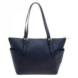 Pre Owned Michael Kors Navy Blue Saffiano Leather Top-zip Jet Set Tote