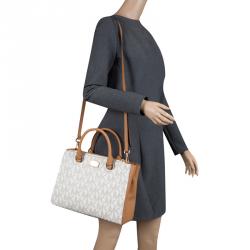 Pre Owned Michael Kors Off White/Brown Signature Coated Canvas Kellen Top Handle Bag