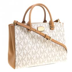 Pre Owned Michael Kors Off White/Brown Signature Coated Canvas Kellen Top Handle Bag