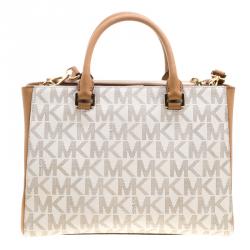 Pre Owned Michael Kors Off White/Brown Signature Coated Canvas Kellen Top Handle Bag