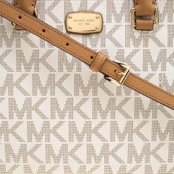 Pre Owned Michael Kors Off White/Brown Signature Coated Canvas Kellen Top Handle Bag