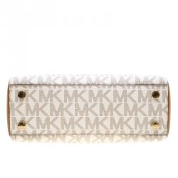 Pre Owned Michael Kors Off White/Brown Signature Coated Canvas Kellen Top Handle Bag