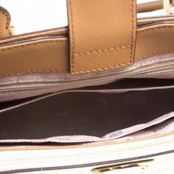 Pre Owned Michael Kors Off White/Brown Signature Coated Canvas Kellen Top Handle Bag