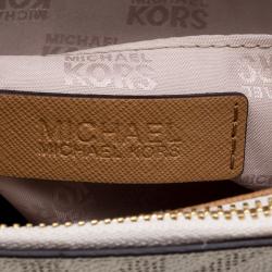Pre Owned Michael Kors Off White/Brown Signature Coated Canvas Kellen Top Handle Bag