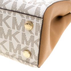 Pre Owned Michael Kors Off White/Brown Signature Coated Canvas Kellen Top Handle Bag