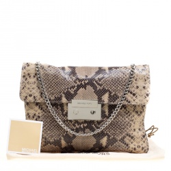 Pre Owned Michael Kors Beige Python Embossed Leather Oversized Sloan Clutch