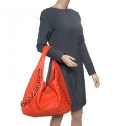 Pre Owned Michael Kors Orange Leather ID Chain Hobo